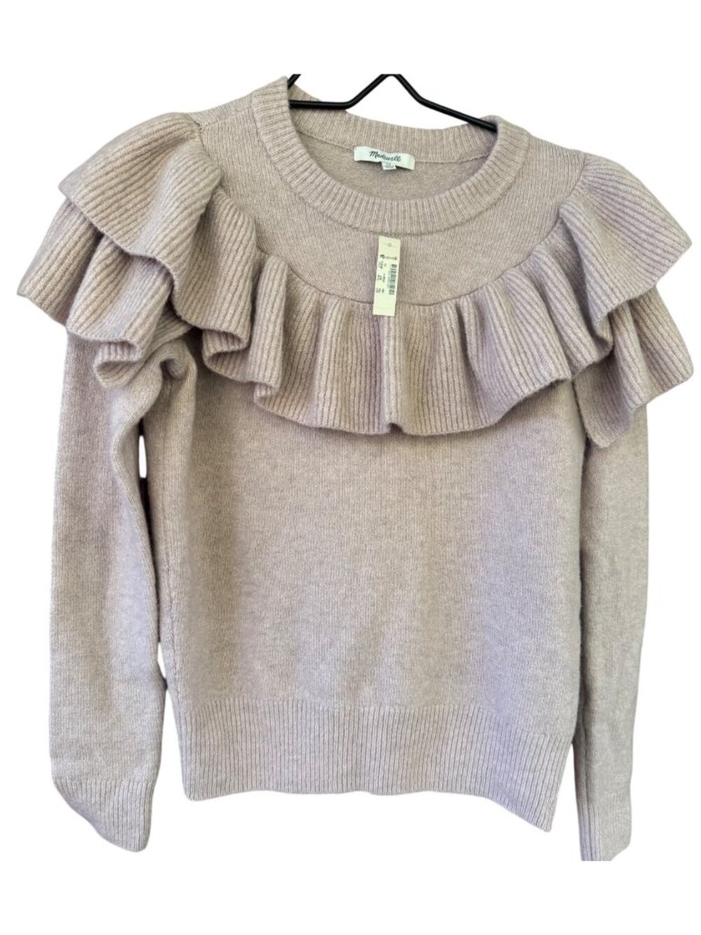 Madewell Ruffle Yoke Crewneck Sweater XS Taupe Womens Long Sleeve Knit Pullover